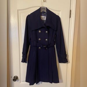 Guess Wool Blend Blue Coat Double Breasted Belted Size M Ornate Buttons Retro